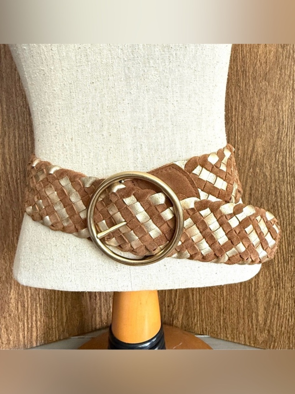 Vintage Fossil Oversized Woven Metallic Leather Statement Belt Big Buckle Size S